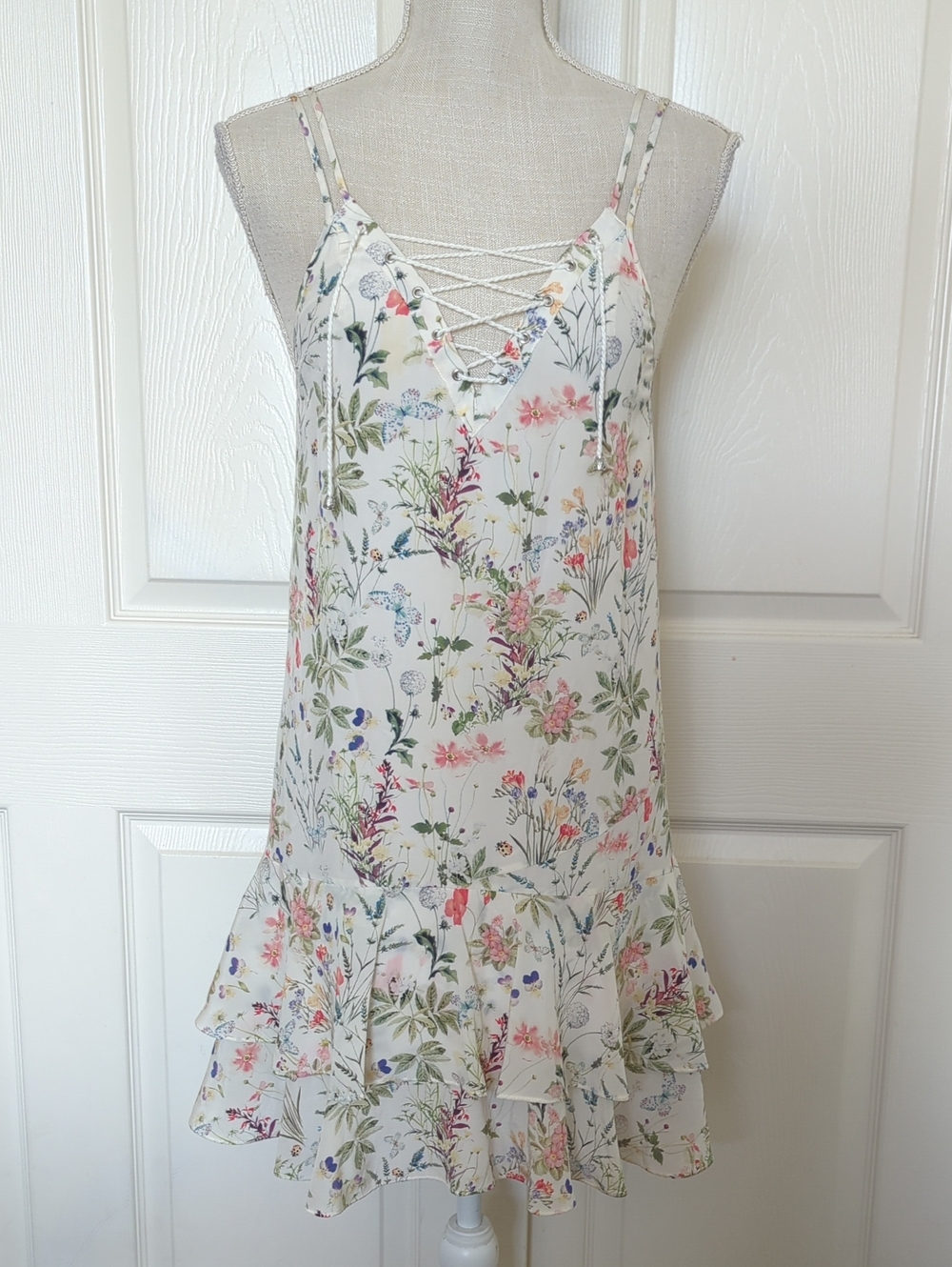 The Kooples Cream Floral Slip Dress with Pink & Green Accents